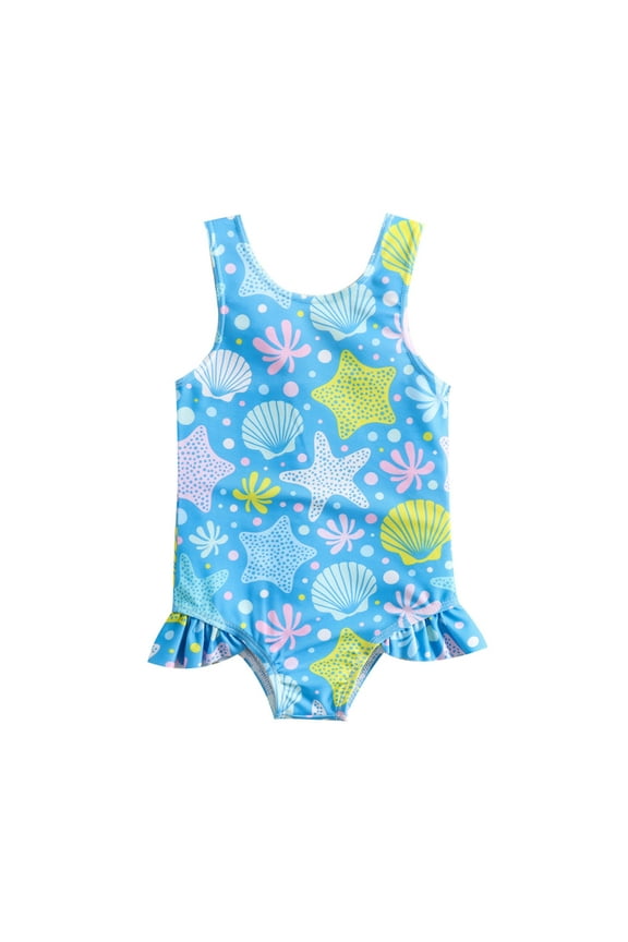 Toddler Baby Girl One-Piece Swimsuit Summer Ruffles Cartoon Prints Swimwear Beach Onesies Bikini Bathing Suit 12-18 Months