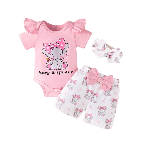 TAIAOJING Toddler Baby Girl Outfit Girls Short Sleeve Letter Romper Tops Cartoon Print Bowknot Shorts Pants With Headbands 3PCS Set