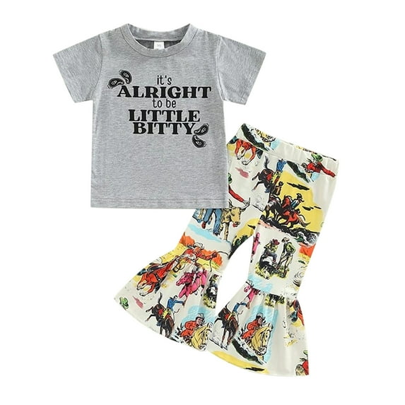 TAIAOJING Toddler Baby Girl Outfit Kids Girls Short Sleeve Cartoon Letter TShirt Tops Cow Printed Flare Pants Outfits Set 2PCS