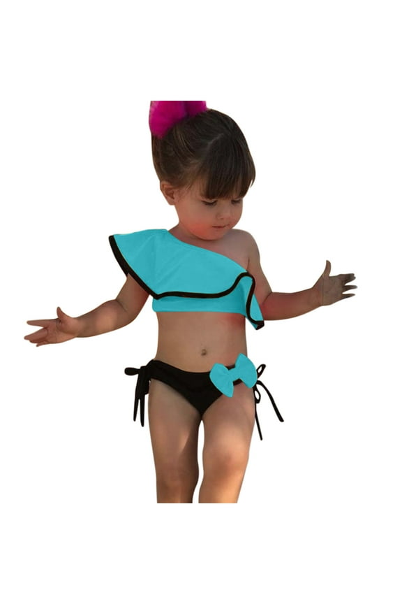 Toddler Baby Girl Swimsuit Two Piece Swimwear Summer One Shoulder Bathing Suit Ruffles Bowknot Off Shoulder Bikini Swimsuit 18-24 Months