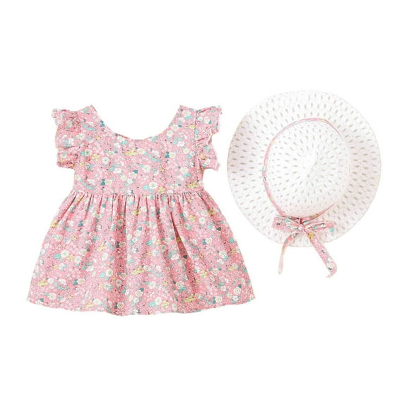 TAIAOJING Toddler Baby Girl Tutu Mini Dress Summer Flower Sleeveless Backless Birthday Party Dresses Flower Bow Sunress With Straw Hat Set Trendy 2-3Y