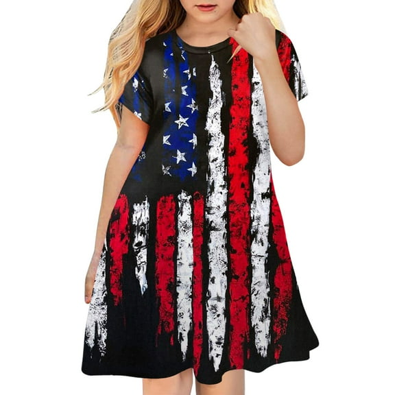 TAIAOJING Toddler Baby Girls Dress Independence Day For Children 4th Of July 3D Graphic Printed Girls Short Sleeve Kids Casual Soft Party Princess Dress