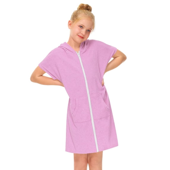TAIAOJING Toddler Baby Girls Dress Kid's Zip Up Terrys Hooded Coverups Swim Beach Cover Up Cotton Summer Short Sleeve Bathing Suit Bathrobe With Pockets Beach Dress
