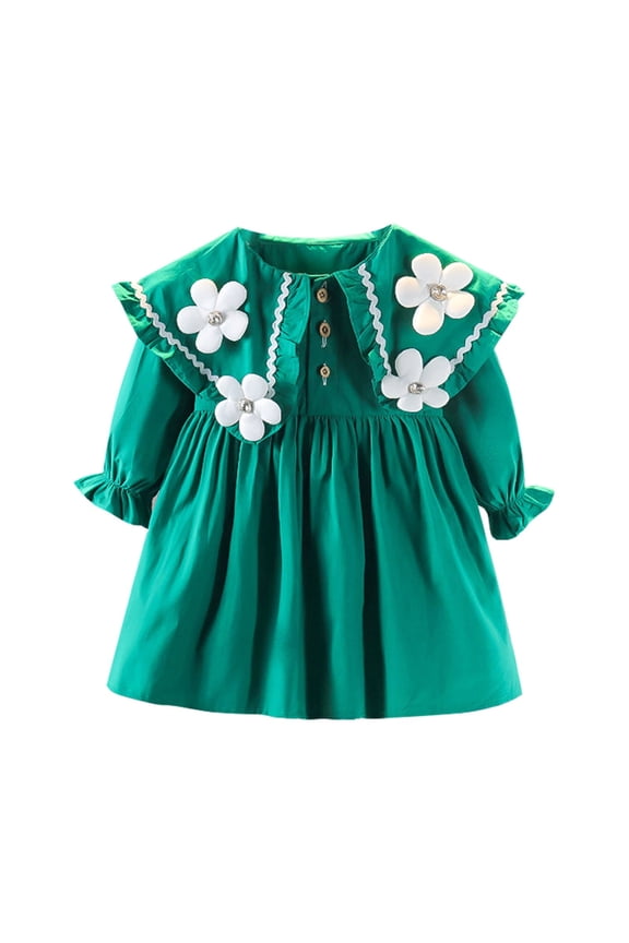 Toddler Baby Girls Dress New Girls Stereoscopic Flower Large Lapel Dress Fashion Pearl Pleated Dress
