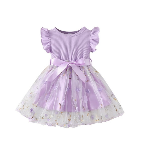 TAIAOJING Toddler Baby Girls Floral Dress Baby Girl Dress Ruffle Sleeve Casual Ribbed Tutu Skirt Clothes Summer Outfits Newborn Dresses For 6-9 Months