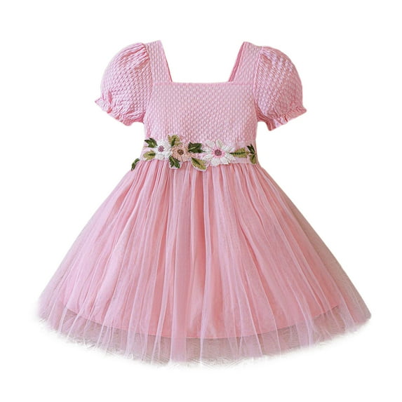 TAIAOJING Toddler Baby Girls Floral Dress Girls Short Sleeve Solid Prints Dress Dance Party Dresses Clothes For 18-24 Months