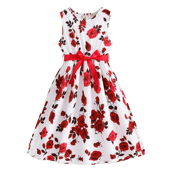 TAIAOJING Toddler Baby Girls Floral Dress Kids Children Girls Summer Sleeveless Flower Prints Dress With Belt Casual Dress Girls For 7-8 Years