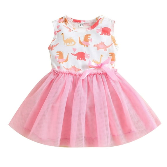 TAIAOJING Toddler Baby Girls Floral Dress Summer Baby Kids Sleeveless Dinosaur Bow Tulle Patchwork Princess Dresses For 1-2 Years