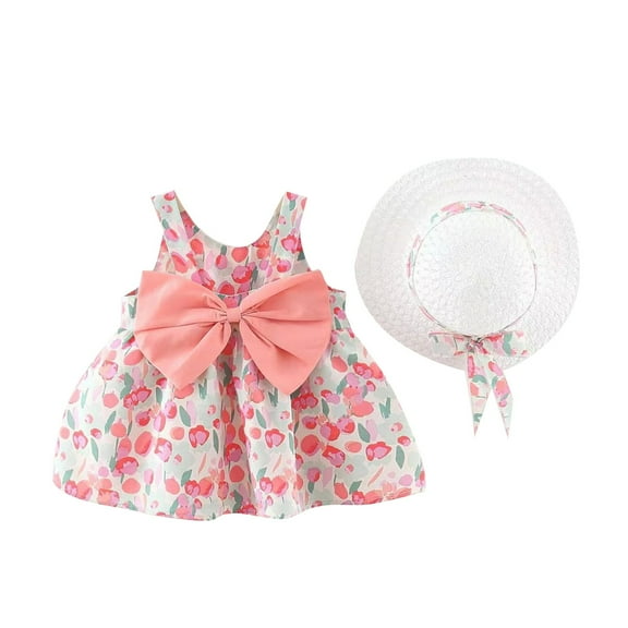 TAIAOJING Toddler Baby Girls Floral Dress Summer Baby Suspender Ruffled Bow Design For Vacation Daily Wear Hats Princess Dresses For 6-12 Months