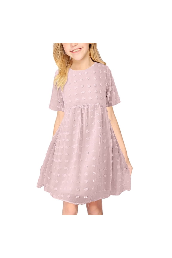 Toddler Baby Girls Floral Dress Summer Dot Short Sleeve Pleated A Line Elastic Waist Cute Princess Dresses For 10-12 Years