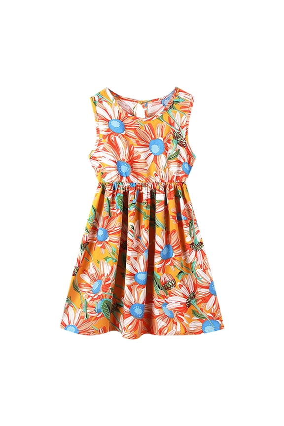 Toddler Baby Girls Floral Dress Summer Fruit And Print Sleeveless Casual A Line Beach Sundress Princess Dresses For 4-5 Years