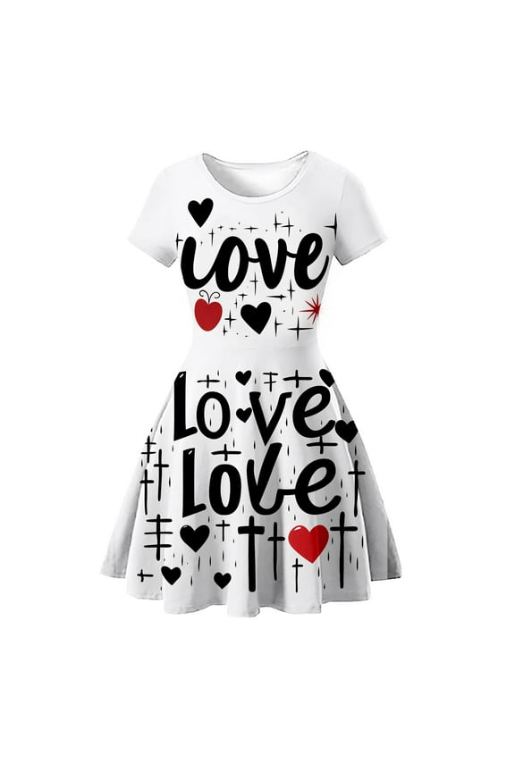 Toddler Baby Girls Floral Dress Summer Short Sleeve Love Prints Dance Party Clothes Princess Dresses For 4-5 Years