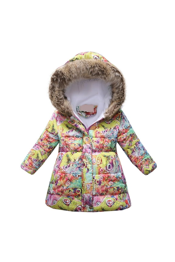 Toddler Baby Girls Jacket Hooded Kids Winter Thick Warm Hooded Windproof Print Coat Outwear Jackets 8-9 Years