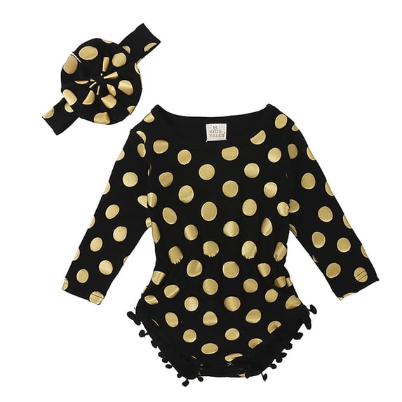 TAIAOJING Toddler Baby Girls Long Sleeve Romper Soft Bodysuit With Gold Foil Print & Pom Pom Design Cute And Comfortable Outfits Sets For Spring Fall Stylish 2-3Y