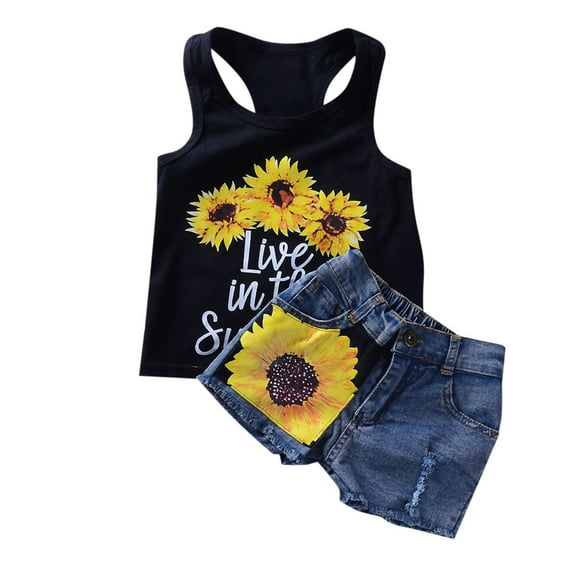 TAIAOJING Toddler Baby Girls Outfits Kids Girl Sunflower Sleeveless Tank Top Denim Shorts Summer Cute Clothes Set For 2-3 Years