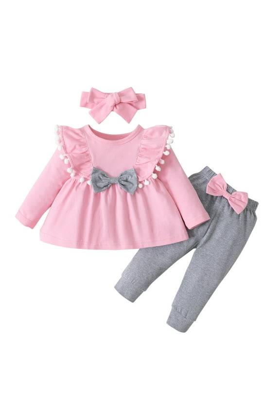 Toddler Baby Girls Outfits Ruffle Long Sleeve Bowknot Tassel Tops Pants Headbands Outfit 3pcs Clothes Sets 0-3 Months