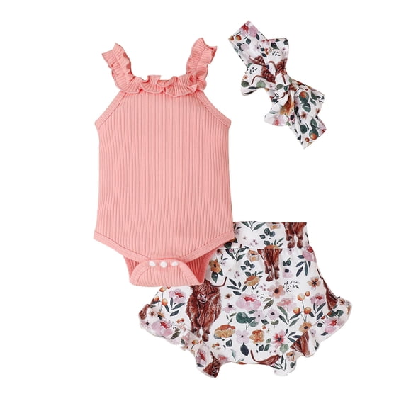 TAIAOJING Toddler Baby Girls Outfits Sleeveless Ruffles Ribbed Romper Bodysuit Cartoon Cow Prints Shorts Headbands Cute Clothes Set For 3-6 Months