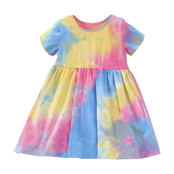 TAIAOJING Toddler Baby Girls Summer Dress Short Sleeve Flower Print Patchwork Dress Headband Set For 1 To 10 Years