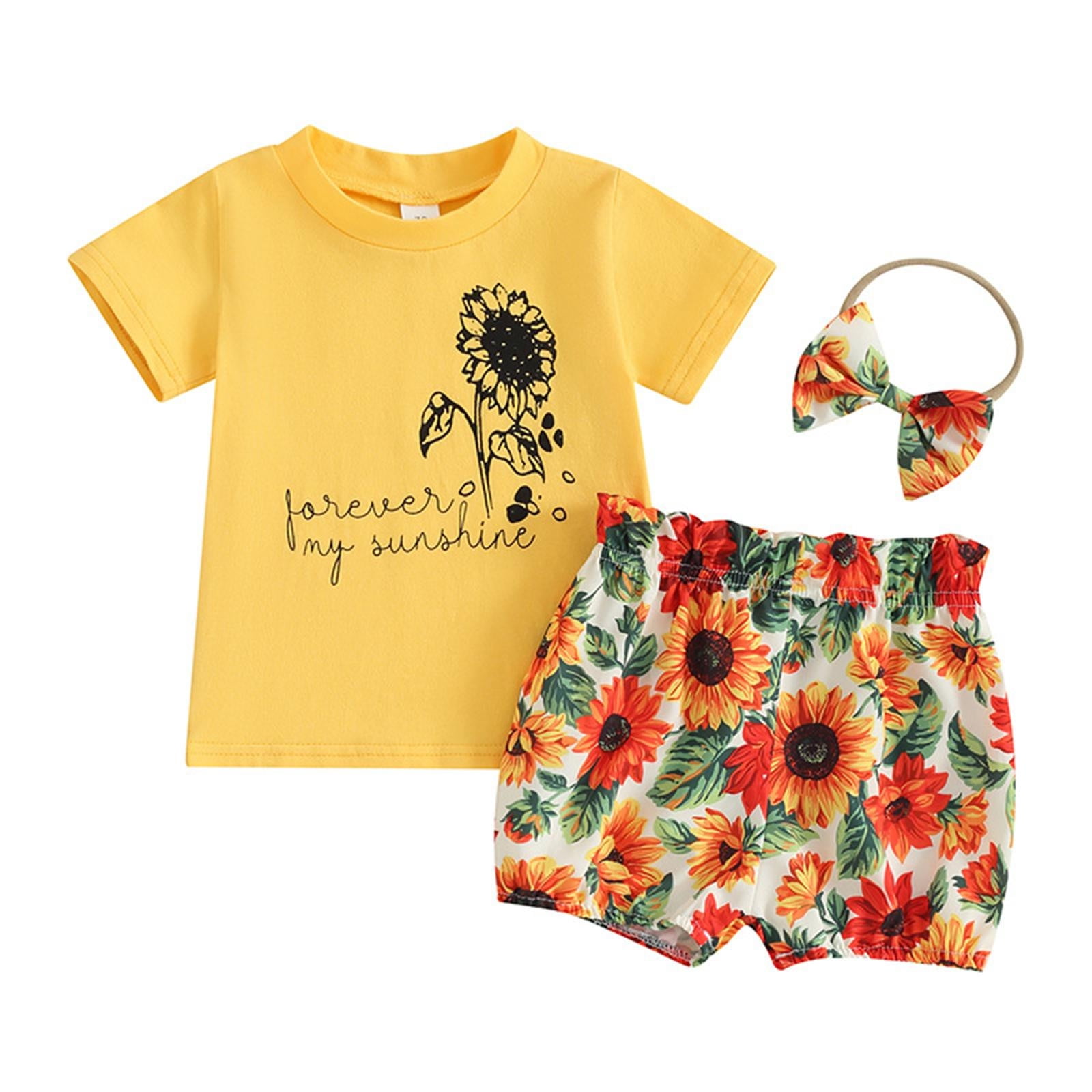 TAIAOJING Toddler Baby Girls Summer Outfits Clothes Girls Sunflower Print Short Sleeve + Shorts + Headscarf 3 Piece Set For 3-4 Years