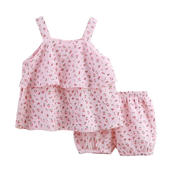 TAIAOJING Toddler Baby Girls Summer Outfits Girls Floral Dress Set Spring Cotton Double Layer Yarn Breathable Comfortable Girls Home Two Piece Set For 12-18 Months