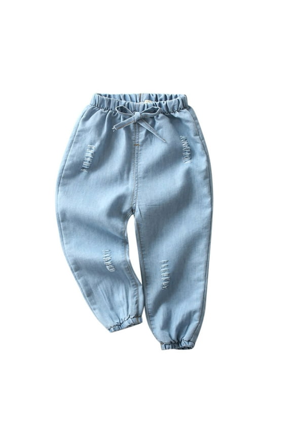 Toddler Baby Kids Children Boy Girl Cartoon Hole Denim Long Pants Elastic Waist Jeans Clothes Casual Joggers, 18-24 Months