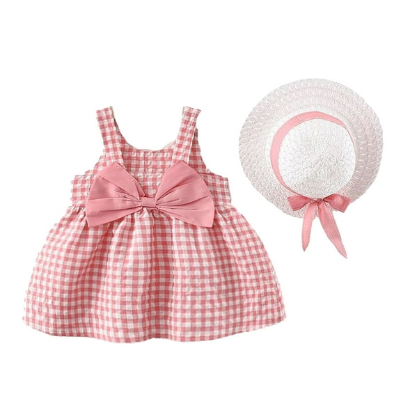 TAIAOJING Toddler Baby Kids Girls Sleeveless Bow Plaid Print Dress Hat Set Outfits Sets Breathable 12-24M