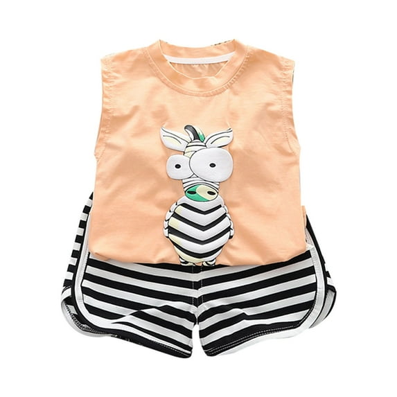 TAIAOJING Toddler Boys 2 Pieces Summer Beach Outfits Shorts Set Summer New Short Sleeved Cute Cartoon Pattern T Shirt + Striped Shorts Fashion Boy Suit For 18-24 Months