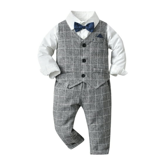TAIAOJING Toddler Boys Gentleman Outfits Suits Long Sleeve T Shirt Tops Plaid Vest Coat Pants Child Kids Gentleman Outfits Fall Clothes 18-24 Months
