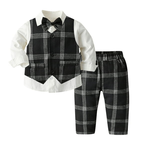TAIAOJING Toddler Boys Gentleman Outfits Suits Long Sleeve T Shirt Tops Plaid Vest Coat Pants Child Kids Gentleman Outfits Fall Clothes 2-3 Years