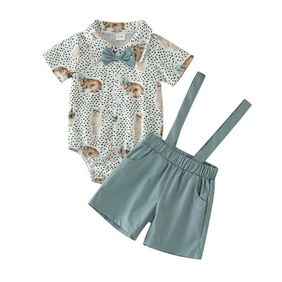 TAIAOJING Toddler Boys Gentlemen's Easter Dress Summer Short Sleeve Rabbit Prints Romper Shorts 2PCS Outfits Clothes Set For 3-6 Months