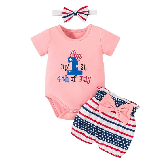 TAIAOJING Toddler Boys Girls Independence Day Letter Printing Romper Bodysuit Shorts Headbands Outfits, 6-9 Months