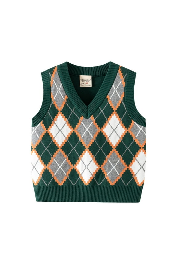 Toddler Boys Girls Lattic Prints Warm Knitted Sweater Sleeveless Tops Knitwear Cardigan Vest Leisure Baby Child Daliywear 2-3 Years