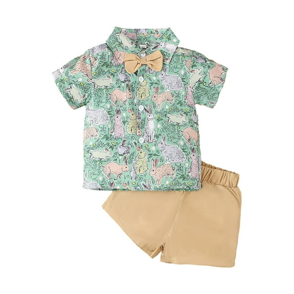 TAIAOJING Toddler Boys Girls Short Sleeve Easter Rabbit Prints T Shirt Tops Shorts Gentleman Outfits For 12-18 Months