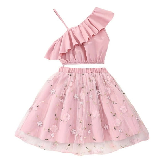 TAIAOJING Toddler Children Girls Sleeveless Spaghetti Tops Flowers Prints Mesh Skirts Outfits Sets Soft 8-9Y