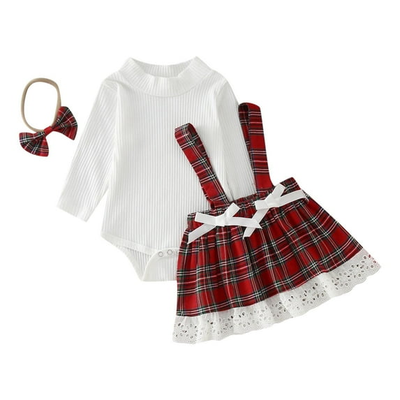 TAIAOJING Toddler Girl Outfit Infant Christmas Long Sleeve Ribbed Romper Bodysuit Xmas Plaid Printed Suspender Skirts 2 Piece Clothes