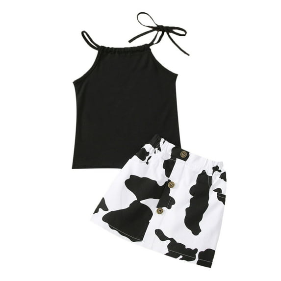 TAIAOJING Toddler Girls 2 Piece Outfits Sleeveless Lace Up Solid Color Top Milk Cow Print Button Skirt Set For 5-6 Years