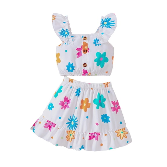 TAIAOJING Toddler Girls 2025 Summer Floral Print Short Sleeve Tops & Ruffled Skirt Set Breathable Two Piece Outfits Sets With Colorful Flower Design Cute Playwear Easter Birthday Part Breathable 5-6Y