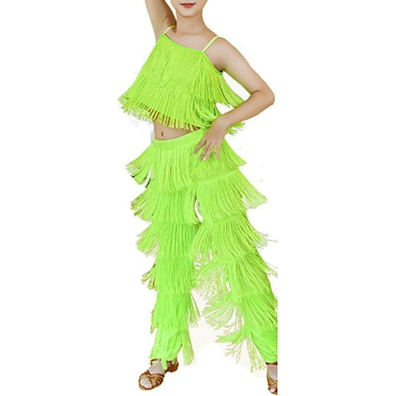TAIAOJING Toddler Girls 2PCS Latin Ballroom Dance Outfits Sets Tassel Camisole Fringe Pants Modern Dancewear Soft 13-14Y