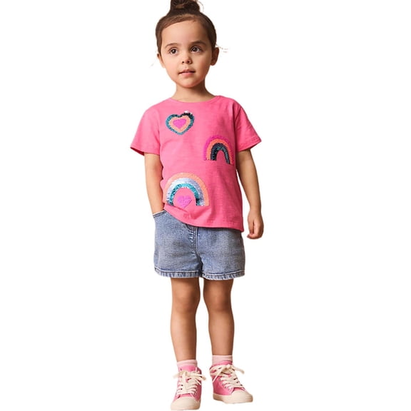 TAIAOJING Toddler Girls Baby Size Soft Cotton O-Neck Heart Colored Rainbow Sequin Print Short Sleeve T Shirt Cartoon Cute T-Shirts Tops Tee Trendy 4-5Y