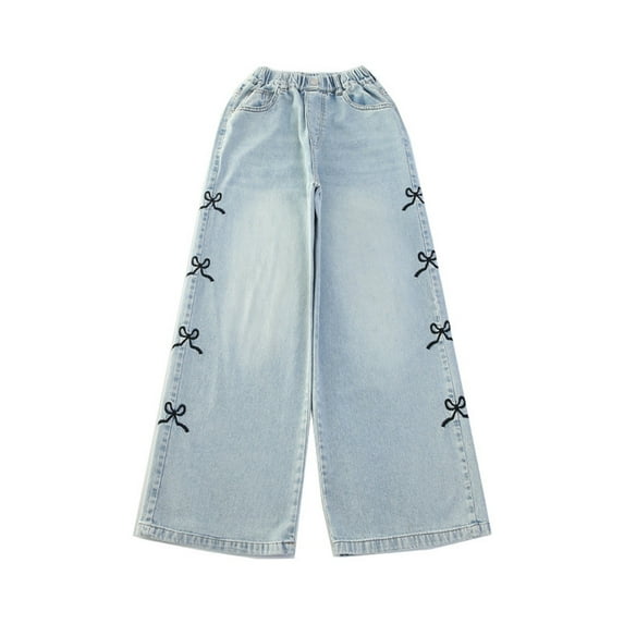 TAIAOJING Toddler Girls Casual Jeans Summer Denim Pants Cute Bow Straight Leg Pant Kids Baggy Vintage Slim Jean With Pocket Classic 5-6Y