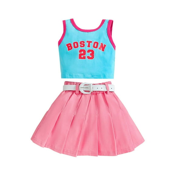 TAIAOJING Toddler Girls Color Block Letter Print Tank Tops & Denim Skirt Set Summer Casual Outfits Sets Classic 1-2Y