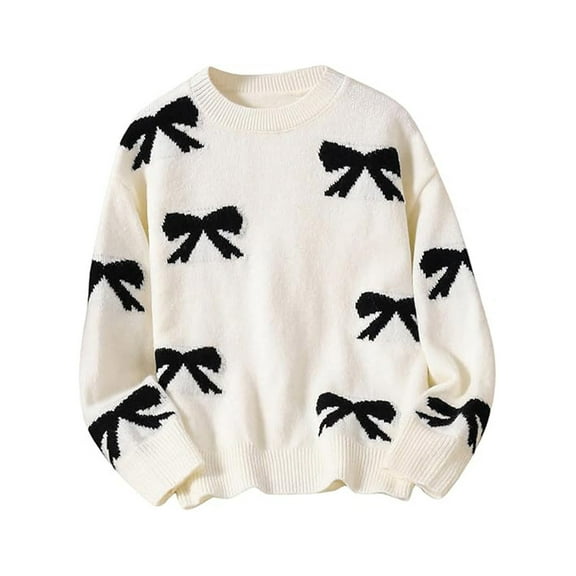 TAIAOJING Toddler Girls Cute Bow Sweater Crew Neck Long Sleeve Drop Shoulder Loose Pullover Tops Cozy 4-5Y