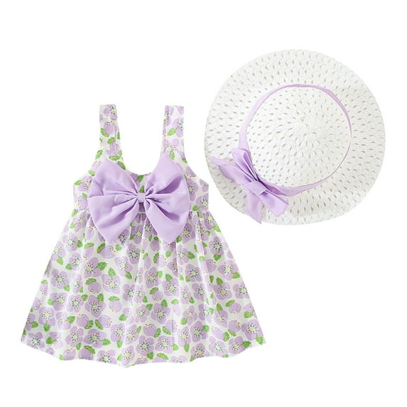 TAIAOJING Toddler Girls Dress Sleeveless Floral Skirt Bow Cute Sweet Suspender Dress Princess Dress With Hat