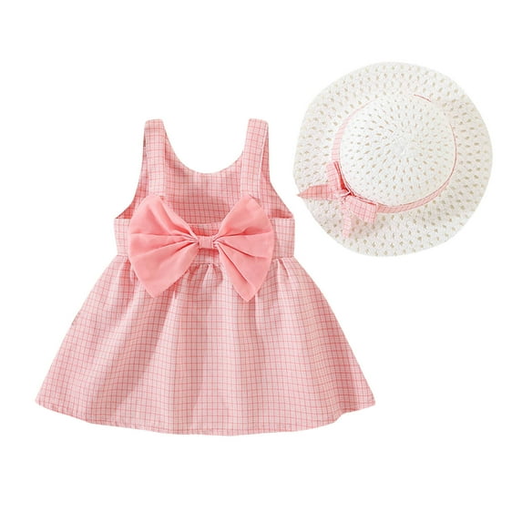 TAIAOJING Toddler Girls Dress Sleeveless Plaid Skirt Bow Cute Sweet Suspender Dress Princess Dress With Hat