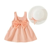TAIAOJING Toddler Girls Dress Sleeveless Plaid Skirt Bow Cute Sweet Suspender Dress Princess Dress With Hat
