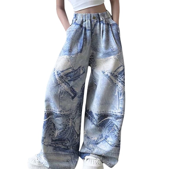 TAIAOJING Toddler Girls Fashion Cute Personality Pants Elastic Waist Wide Leg Jeans Casual Demin Pants Trousers With Pockets Cozy Baby Child Daliywear 6-7 Years