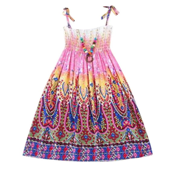 TAIAOJING Toddler Girls Floral Bohemian Dress Adjustable Spaghetti Strap Midi Dress Flowers Sleeveless Beach Straps Princess Dress 6-7 Years