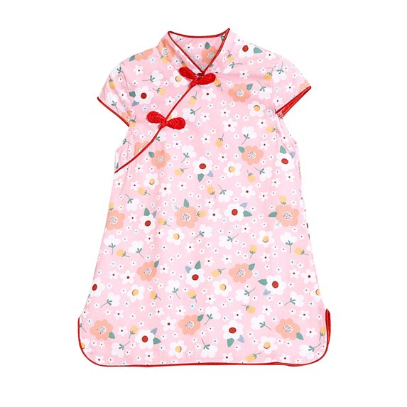TAIAOJING Toddler Girls Floral Casual Dress Kids Baby Floral Cartoon Dress Cheongsam Party Outfits Summer Princess Short Sleeve Dresses 18-24 Months