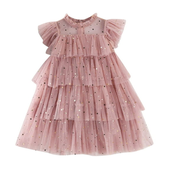 TAIAOJING Toddler Girls Fly Sleeve Star Moon Paillette Princess Dress Dance Party Ruffles Dresses Clothes