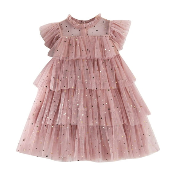 TAIAOJING Toddler Girls Fly Sleeve Star Moon Paillette Princess Dress Dance Party Ruffles Dresses Clothes